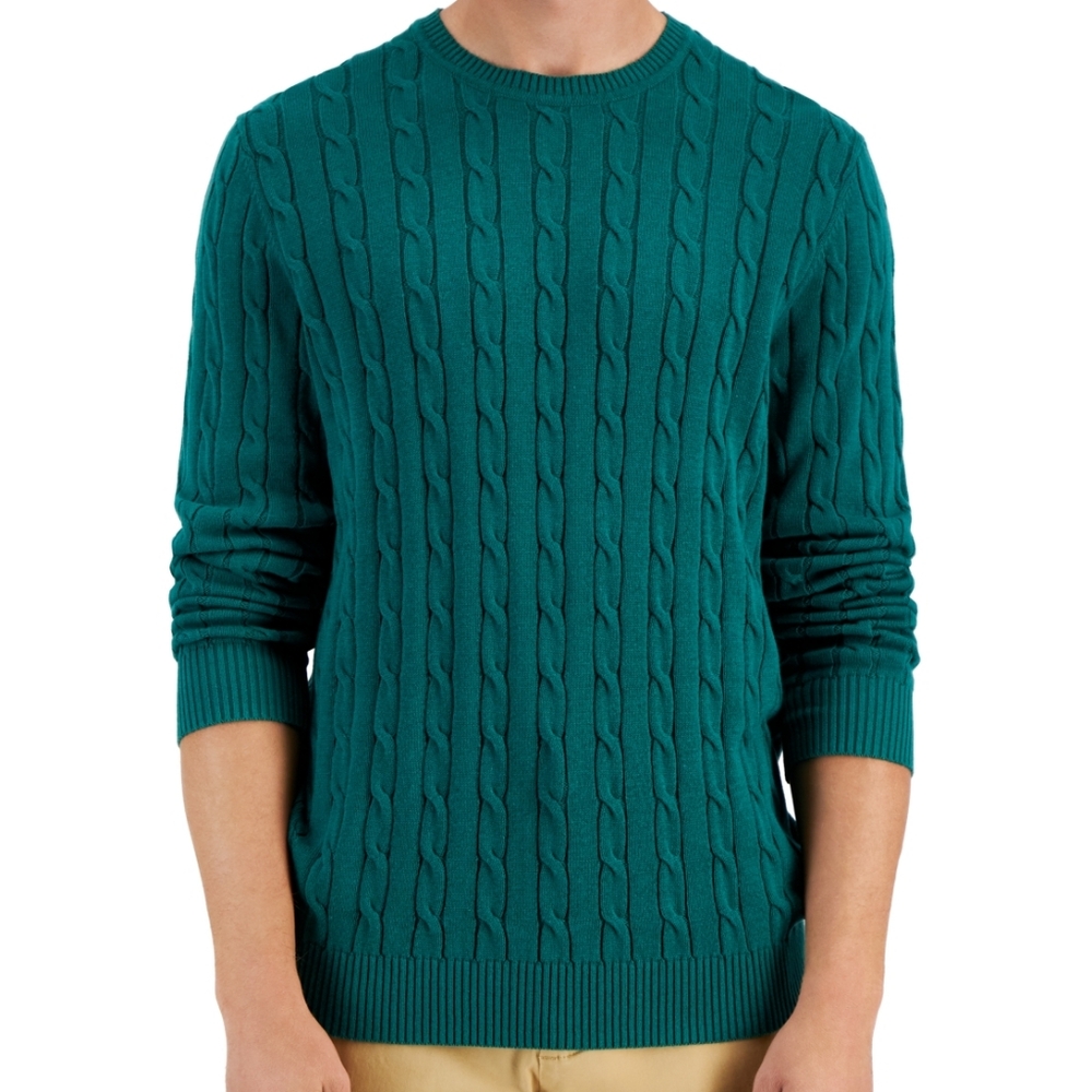 Club Room Men's Teal Crewneck Cable-Knit Cotton Sweater Size L